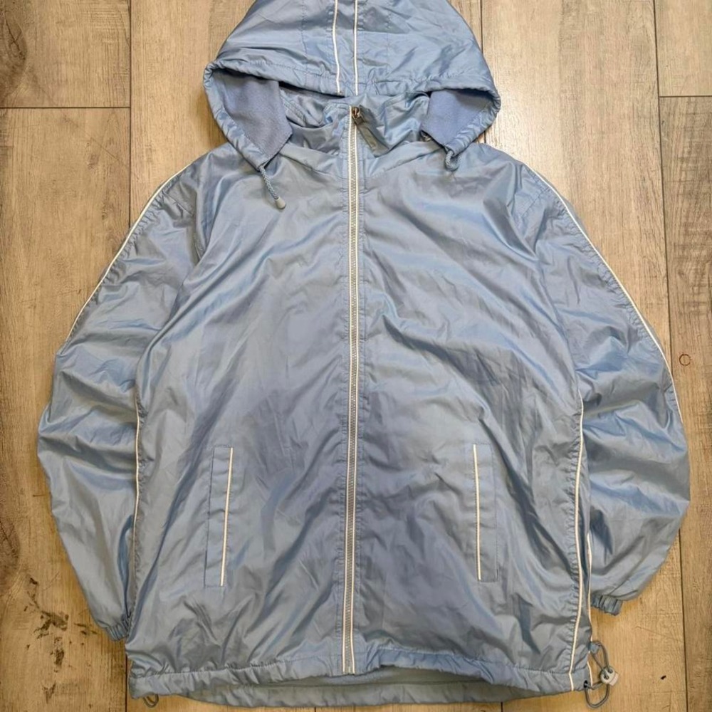 Light blue vintage 90s windbreaker jacket with hood and zipper WOMEN SIZE S
